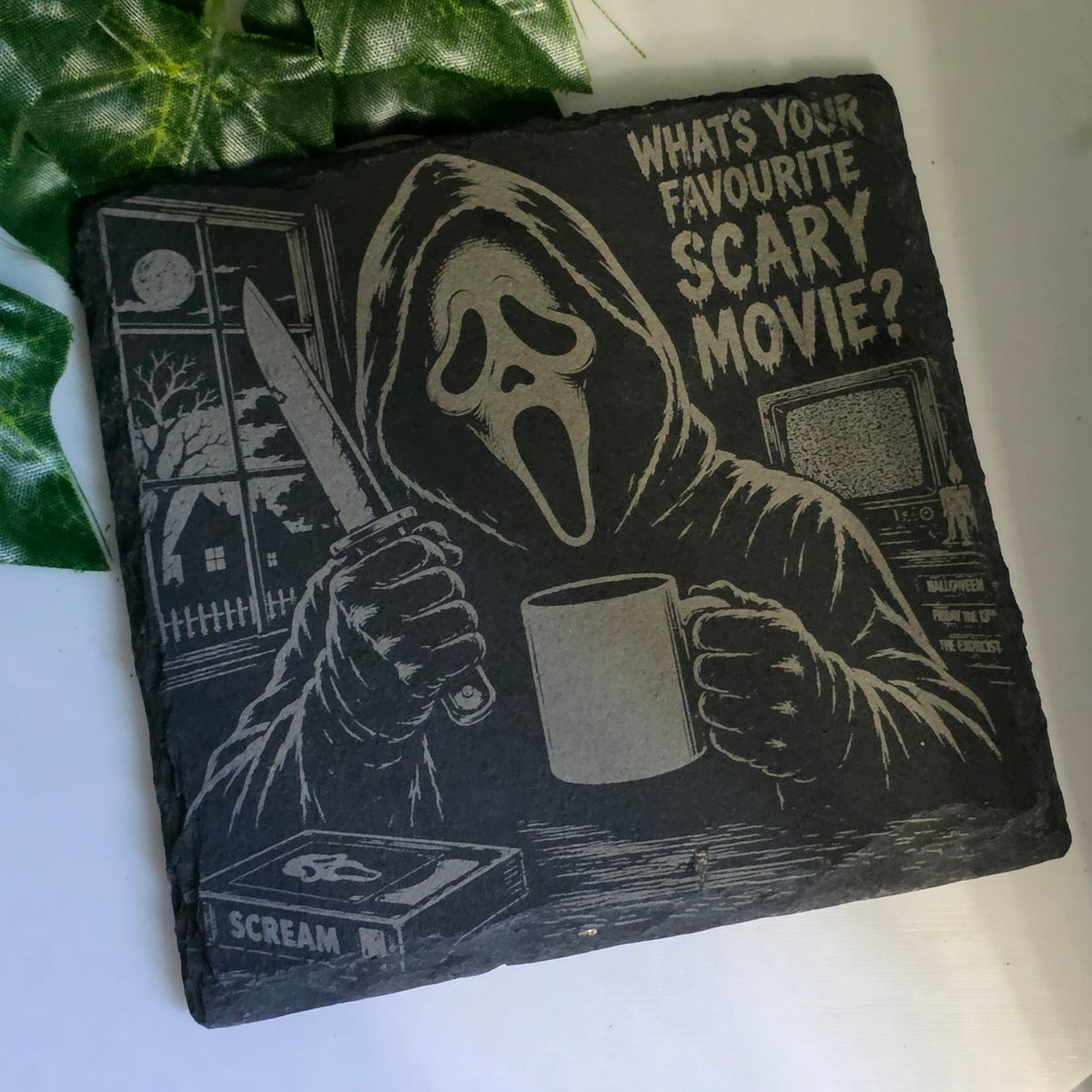 Horror Character Inspired Laser Engraved Slate Coasters – 6 Designs | Halloween Horror Decor