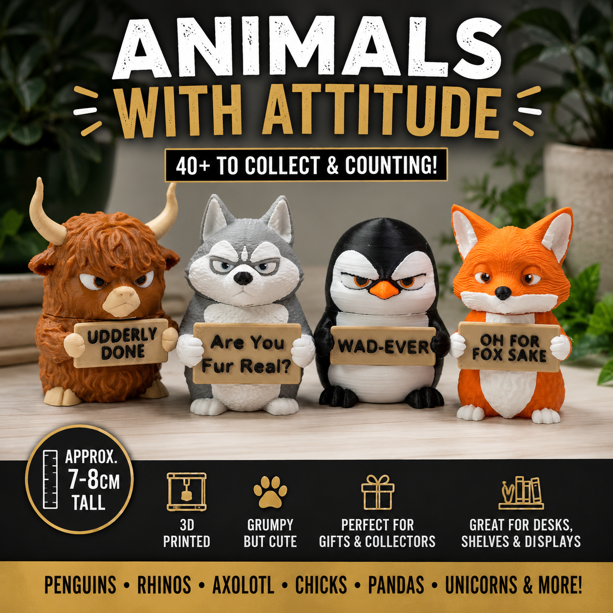 Animals With Attitude – 3D Printed Collectible Grumpy Animals | 40+ Designs to Collect | Cute Desk & Shelf Décor